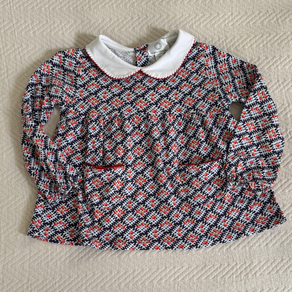 The Proper Peony Girls Long-Sleeve Peter Pan Collar Apple Pattern Top